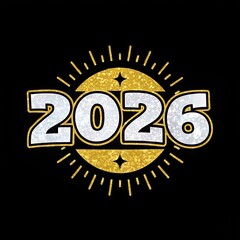 Bold 2026 text with radiating golden light and stars on black background
