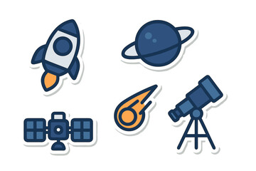 Colorful space exploration and astronomy icons featuring a rocket, planet, satellite, comet, and telescope