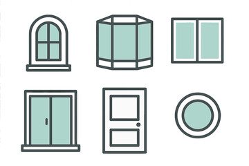 Collection of architectural icons showing various styles of windows and doors for building design
