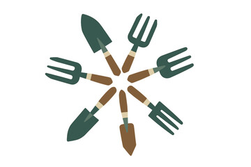 Circular arrangement of essential gardening tools like trowels and hand forks