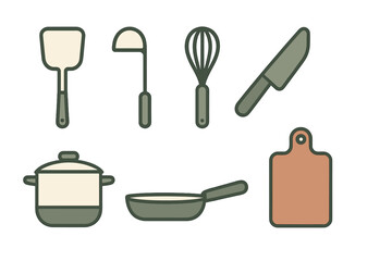 Set of essential kitchen utensils and cooking equipment icons including pots, pans, and tools