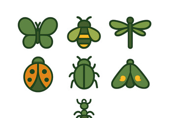 Stylized collection of insect icons featuring butterfly bee dragonfly and ladybug
