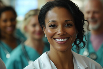 Smiling generative ai portrait of a young doctor in a diverse hospital team promoting inclusion and healthcare unity