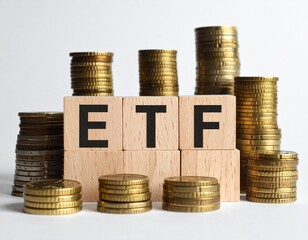 acronym -ETF- on blocks, surrounded by stacks of coins
