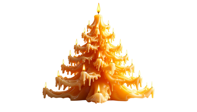 Christmas tree made entirely of candles, wax branches melting softly, isolated on transparent background, surreal glowing design