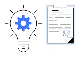 Light bulb with gear symbolizing ideas and innovation next to document with signature denoting agreement. Ideal for creativity, business strategy, contract, innovation management, intellectual