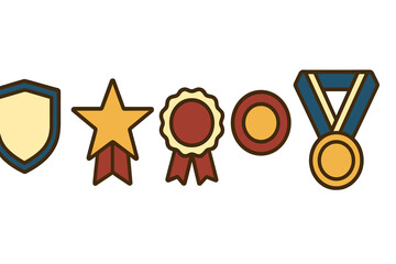 Colorful set of five achievement awards including shield star rosette badge and gold medal