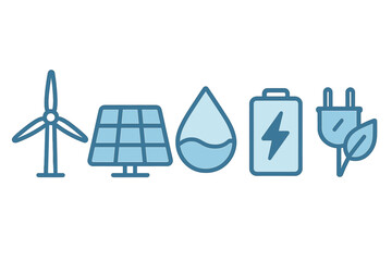 Set of renewable energy icons: wind, solar, water, and battery storage symbols
