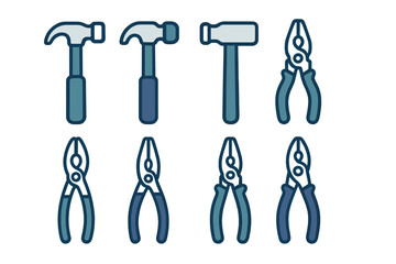 Set of construction and repair hand tools icons featuring hammers and pliers