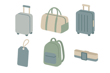 Isometric set of essential travel baggage items including rolling suitcases and backpack