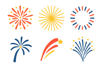 Set of six colorful stylized fireworks bursts and celebratory explosions for festive events
