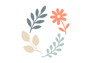 Simple botanical wreath frame with stylized flower and various leaves in pastel colors