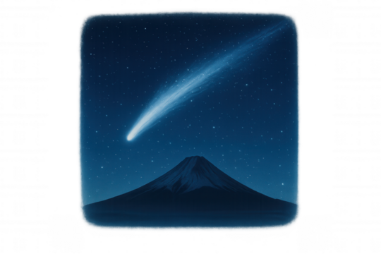 Comet streaking across a starry night sky above mount fuji, visualizing space, astronomy, and cosmic events