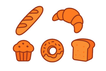 Set of popular bakery items including baguette, croissant, donut, muffin, and sliced bread