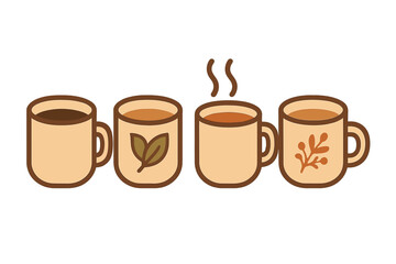 Row of four ceramic mugs filled with various hot beverages coffee and tea on a white background