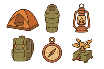 Essential equipment icons set for outdoor adventure including tent sleeping bag and compass