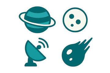 Set of space and astronomy symbols featuring planet, moon, satellite, and comet © Andrei