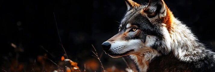 Obraz premium A gray wolf stands in a dark forest, showcasing its thick fur and piercing eyes.