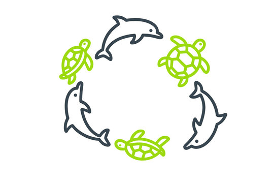 Outline icons of sea turtles and dolphins arranged in a circle symbolizing marine conservation