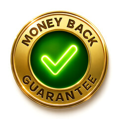 Money back guarantee golden badge with check mark symbol assurance and refund policy for customer satisfaction