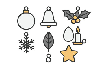 Minimalist set of winter holiday icons including bauble bell holly snowflake and star symbols