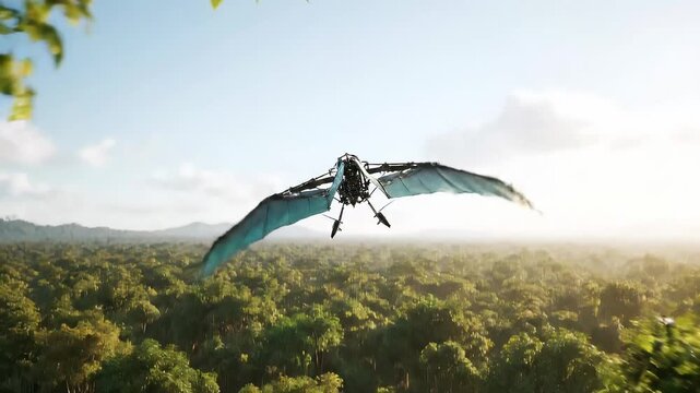 A glider soaring through the air above a vibrant forest landscape