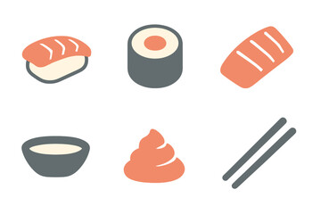 Minimalist flat design collection of Japanese sushi ingredients and dining elements