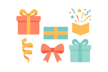 Festive gift boxes set with decorative bows, curling ribbon, and exploding confetti