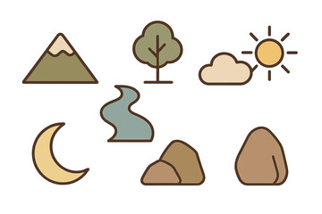 Collection of simple outlined nature icons featuring mountain tree river sun moon and rocks