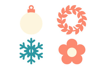 Minimalist decorative symbols set featuring holiday bauble, snowflake, laurel wreath, and flower icon