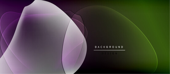 Abstract flowing shapes, purple to green gradient. Modern design, smooth curves, dark background creates visual impact. Minimalist aesthetic.