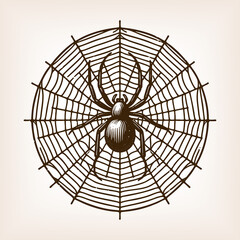 Obraz premium spider sitting in the center of its web, ideal for nature, Halloween, or decorative design sketch engraving generative ai raster illustration. Scratch board imitation. Black and white image.