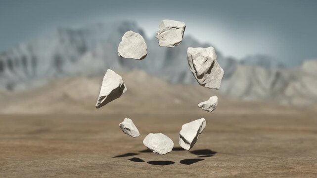 Floating Rocks in Desert Landscape. Surreal scene of gravity defiance. 3D render animation