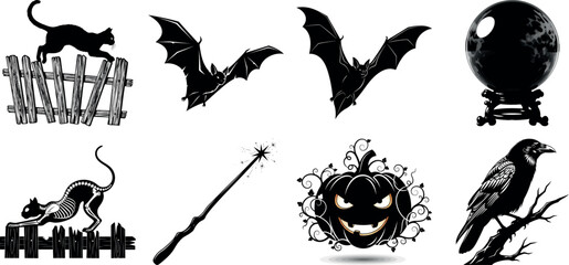 Vector art of collection of spooky halloween icons including bats, black cat, crystal ball, and pumpkin