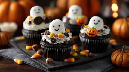 Festive halloween cupcakes topped with cute ghosts and pumpkins arranged on a platter with pumpkins adding spooky season fun