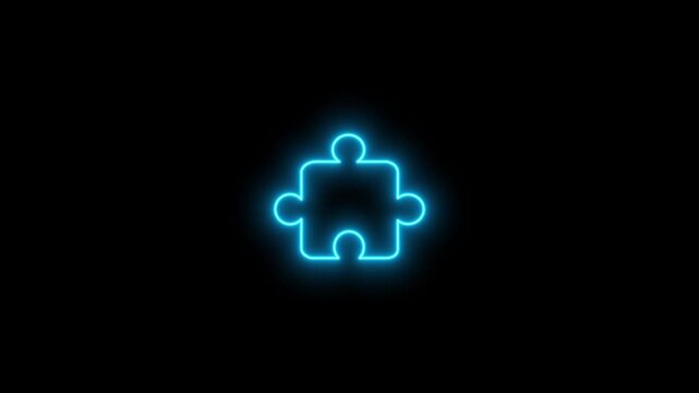 Neon glowing blue color puzzle icon 4k video animation. Neon Game icon Full HD animation. Puzzle solve icon animation on black background.