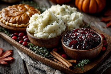 Thanksgiving Feast Essentials: Mashed Potatoes, Cranberry Sauce, and Pumpkin Pie