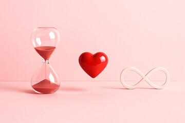 Symbolic Hourglass, Heart, and Infinity Sign on Pastel Pink. Abstract Romance Concept