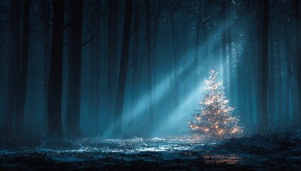 a christmas tree, illuminated with lights, stands in the center of an empty winter forest at night. a soft glow emanates from it, creating a magical atmosphere. 