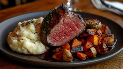 Exquisite medium rare filet mignon steak served with mashed potatoes and roasted sweet potatoes, a culinary delight for a special occasion