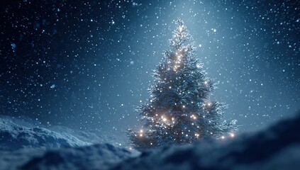 a christmas tree, illuminated with lights, stands in the center of an empty winter forest at night. a soft glow emanates from it, creating a magical atmosphere. 