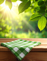 Green checkered kitchen tablecloth on wooden table.