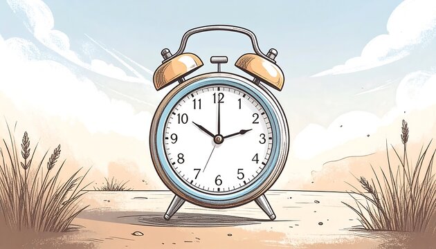 Vintage alarm clock in a field under a pastel sky