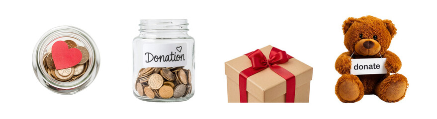 Donation jar, coins, gift box, and teddy bear representing Christmas charity, toys drive, donations, help, in need, kindness, humanism  