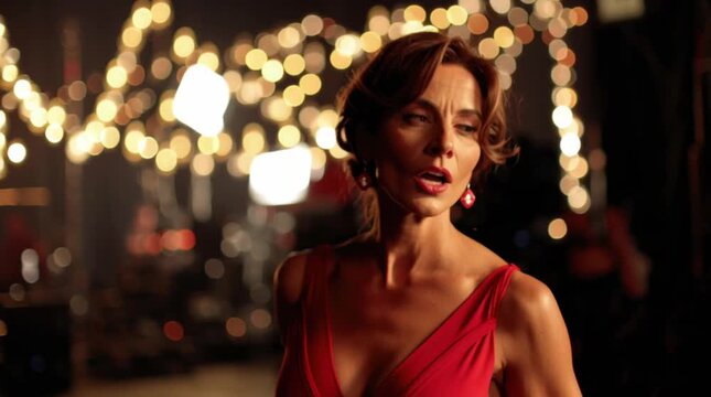 Woman in red dress smiles on a beautifully lit set.