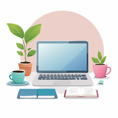 Fototapeta premium Cozy Workspace Illustration with Laptop, Plants, and Open Books