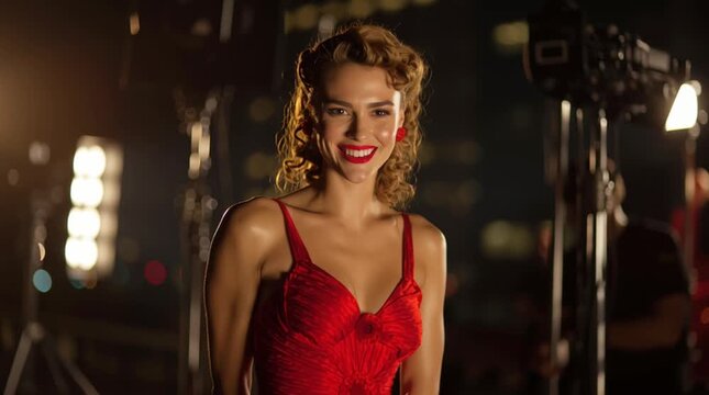 Smiling woman in a vibrant red outfit.