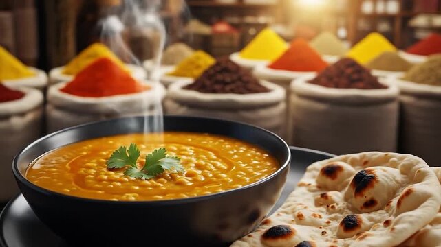 Lentil soup with flatbread and spices still life