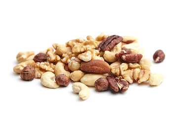A blend of cashews, walnuts, pecans, almonds, and hazelnuts arranged in a small pile on a white background, emphasizing freshness and variety