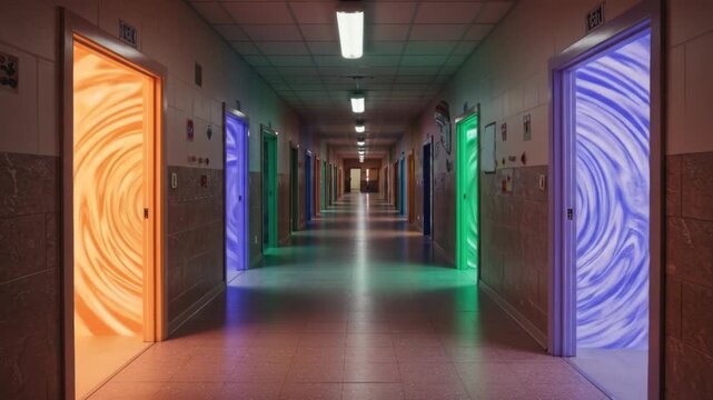 Hallway with swirling portals of different colors symbolizing choices